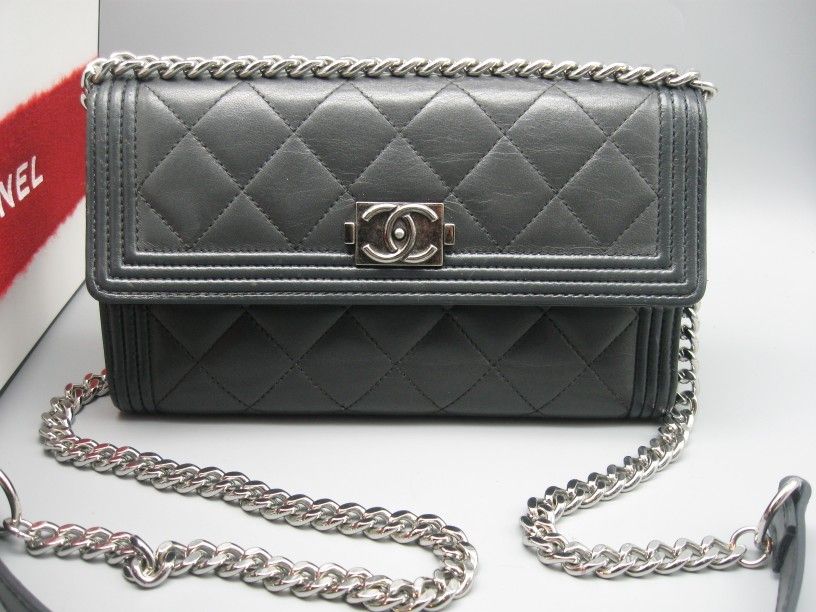 Authentic Chanel Boy Grey Lambskin Leather CC Large Bag Wallet