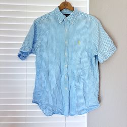 Ralph Lauren Short Sleeve Shirt Blue Gingham Check Men’s L Preppy Button Down