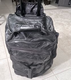 Black Leather Rolling Duffle Bag Travel Luggage Carry On
