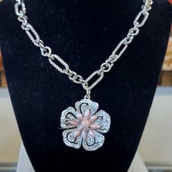 Pink & silver flower chain Necklace