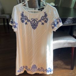 Blue and Ivory Embroidered Shift Dress