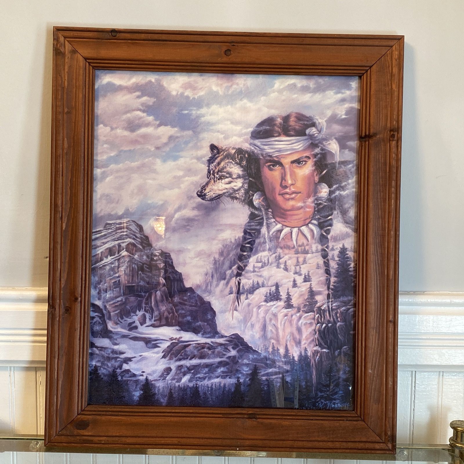 Vintage 1991 Jonnie Kostoff Indian Wolf Print With Real Wood Frame 24x20