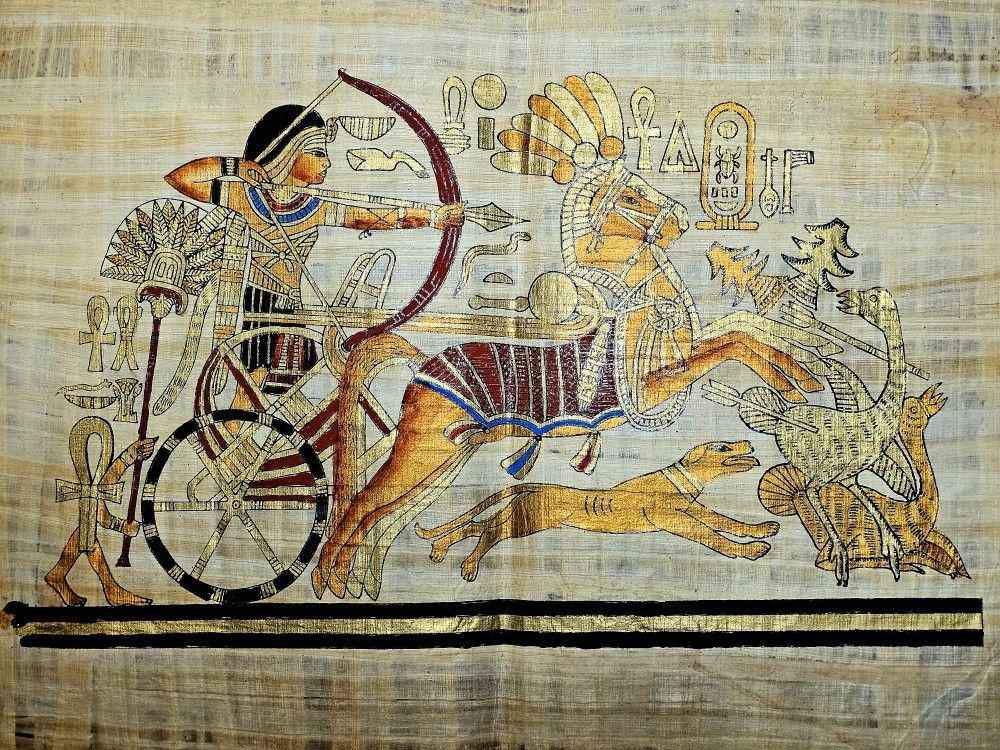 Authentic Egyptian Papyrus Hand Painting King Tut Royal Chariot