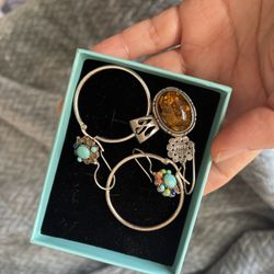 Vintage Sterling Silver Amber Brown Pendant Earrings Turquoise Ring 