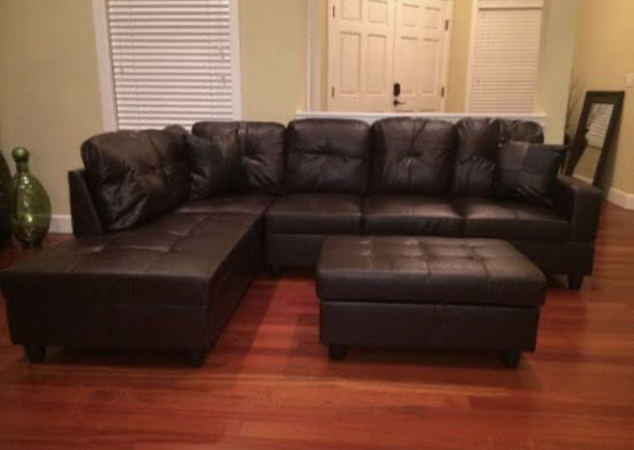 Brown Leather Sectional Couch and Ottoman