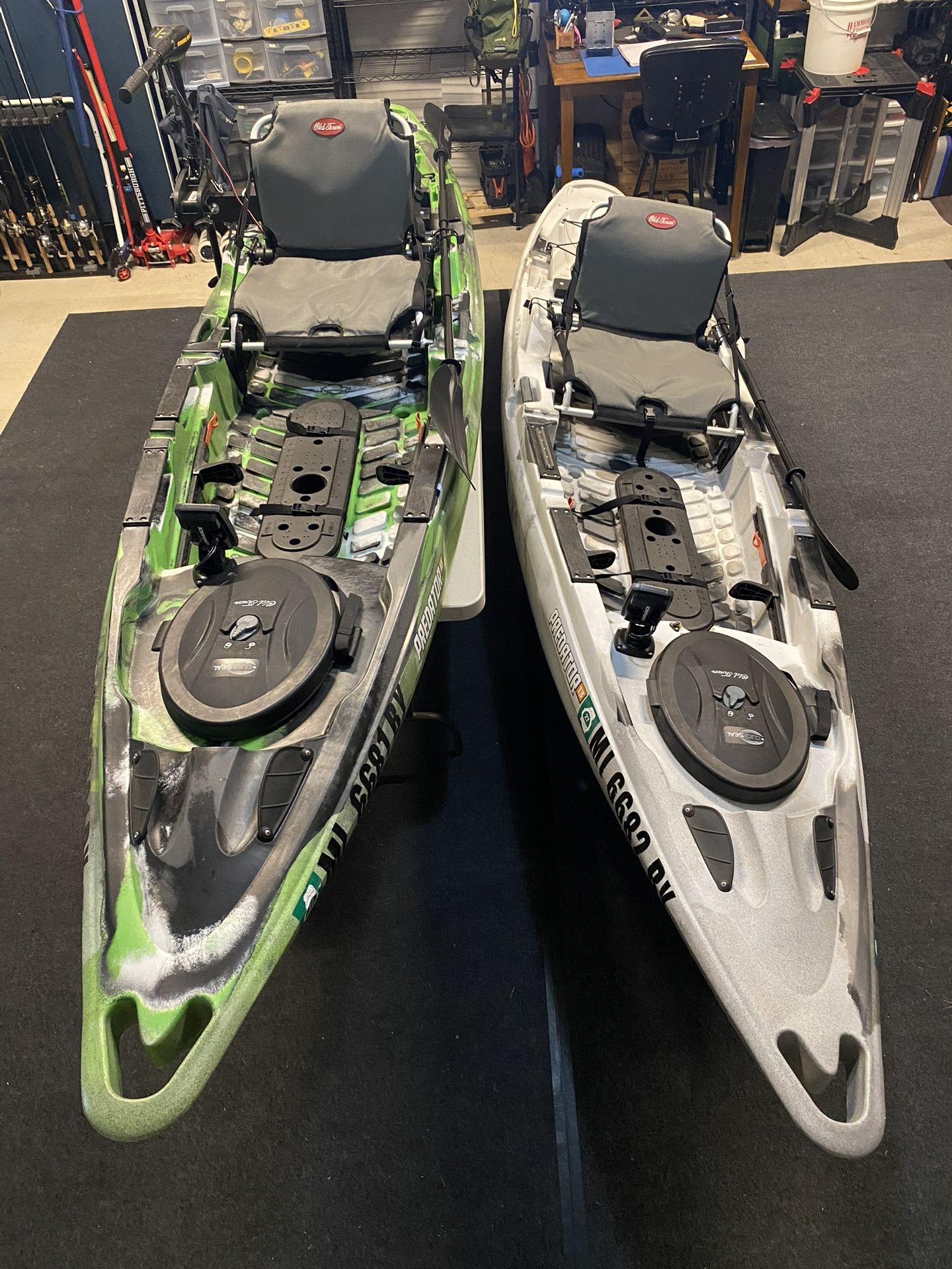 Pair Of Old Town Predator (13’) Kayaks With Trolling Motors, Batteries, & Accessories