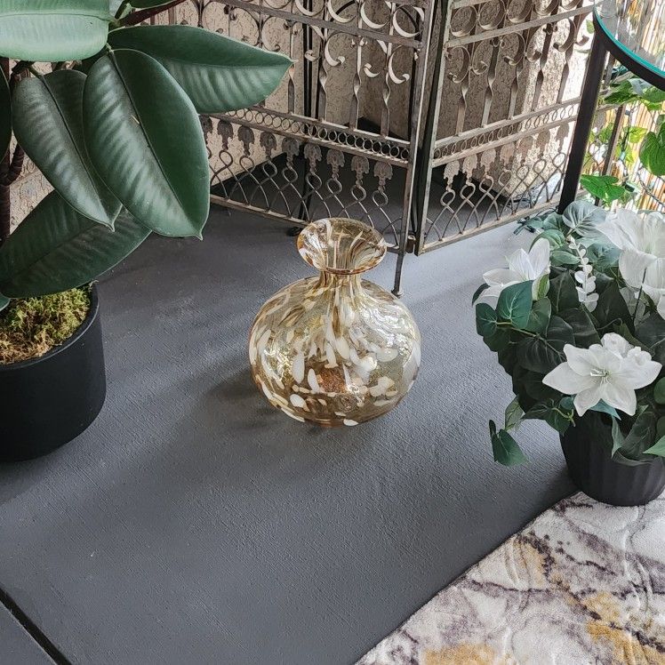 Hand Blown Amber Glass Vase With White Accents