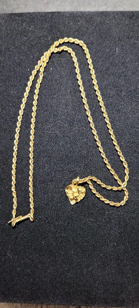 10kt Rope Chain And 14kt Heart Nugget Pendant