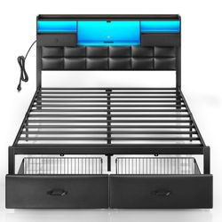 Rolanstar Bed Frame Full Size with Drawers and Charging Station, Upholstered Platform Bed with Storage Headboard and LED Light, Heavy Duty Metal Frame