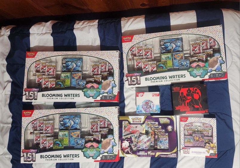 3x Blooming water
1 Destined Rivals ETB
1 Journey Together Booster Box
1 151 Alakazam
1 VStar Premium Sword and shield