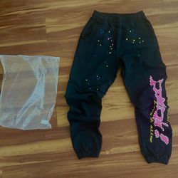 sp5der Men's Black Star Sweatpants Size M Cotton Blend Elastic Waist Pockets