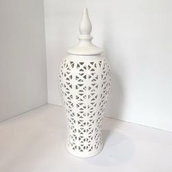 Tall White Ceramic Lattice Perforated Ginger Jar Vase with Lid | 2 Available for $20 Each