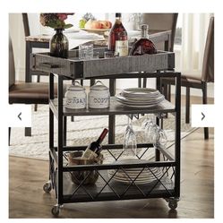 RUSTIC SERVING CART WITH WINE INSERTS AND REMOVABLE TRAY TOP - GREY FINISH