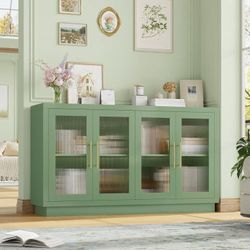 55.1"W Modern Sideboard Buffet with Fluted Glass Doors, Accent Cabinet Console Table TV Stand, Green
