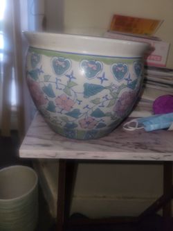 Floral Ceramic Planter with Greek Key Rim