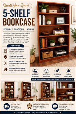 Modern 5-Shelf Bookcase | Cherry Finish | Sturdy & Great Condition