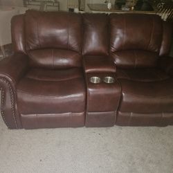 100% Leather Reclining 2 Piece Couch Set