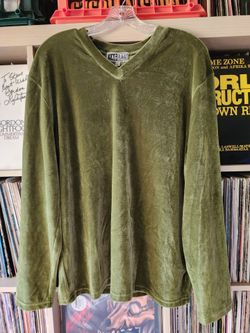 Vintage 1990's Tag Rag Green Velour Long Sleeve Pullover Shirt Raver Club Wear Gear V Neck
