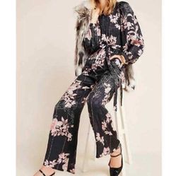 Anthropologie Harlyn Audria Black Multicolour Floral Jumpsuit Size L 