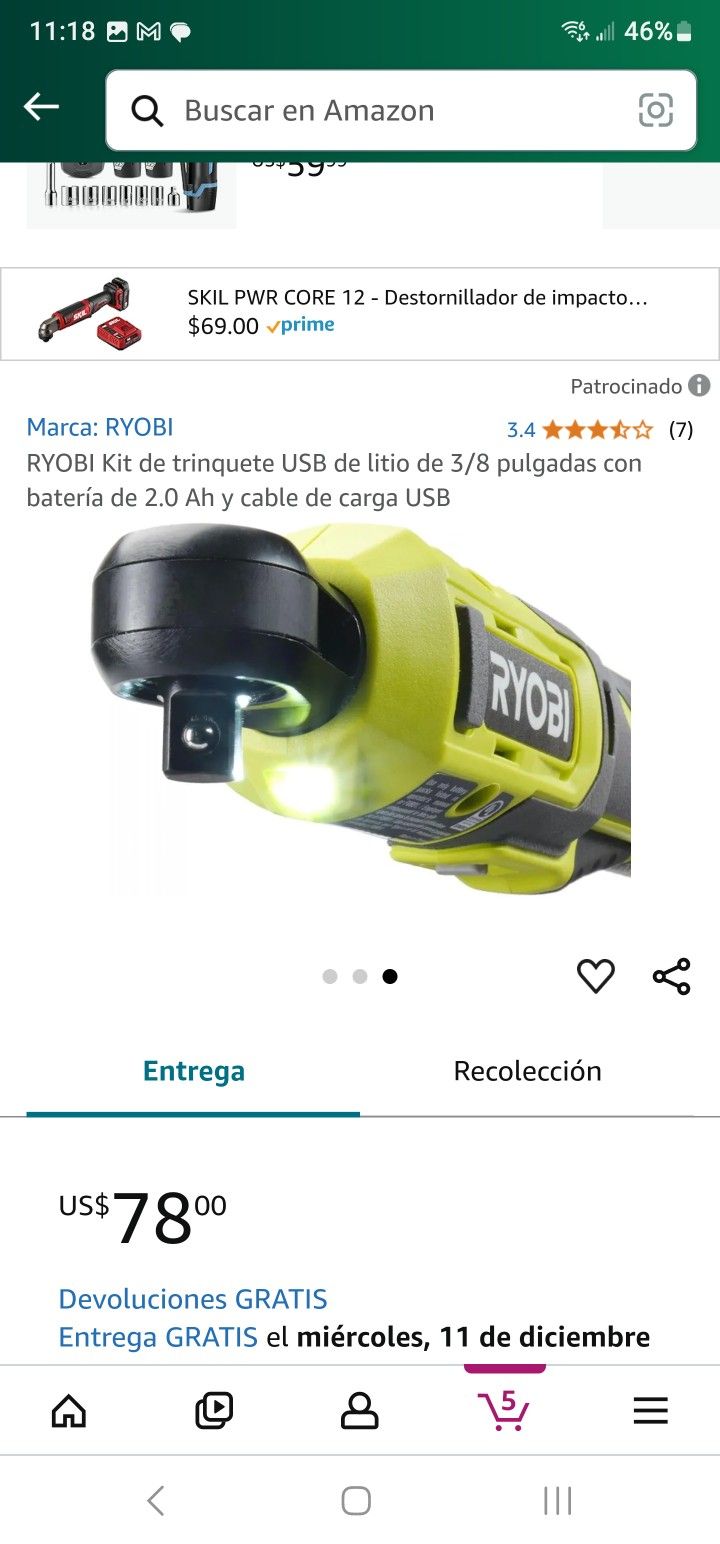 RYOBI 3/8-Inch Lithium USB Ratchet Kit with 2.0 Ah Battery and USB Charging Cable