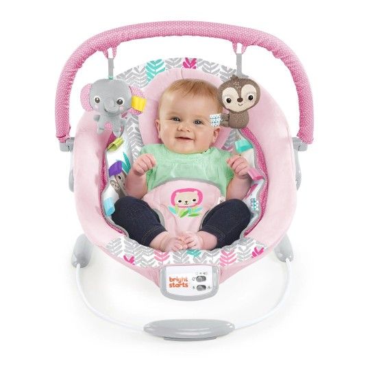 Bright Starts Comfy Baby Bouncer Soothing Vibrations Infant Seat - Taggies, Music, Removable -Toy Bar, 0-6 Months Up to 20 lbs (Rosy Vines)

