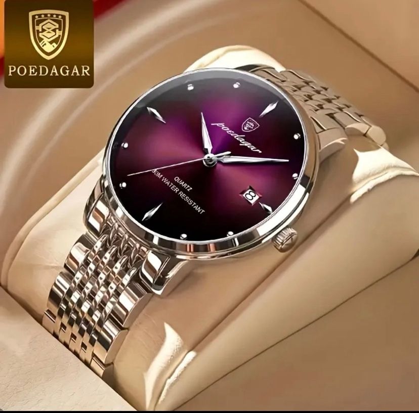 POEDAGAR Men's Luxury Quartz Watch - Elegant Purple Dial with Calendar, Luminous