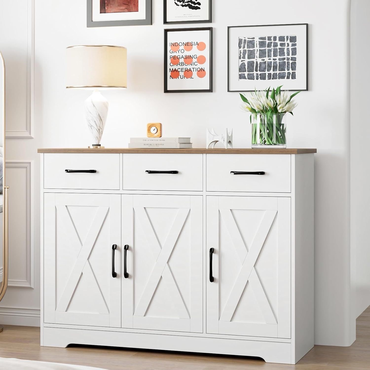 Modern Farmhouse Sideboard Buffet Cabinet, Barn Doors Buffet Storage Cabinet with Drawers and Shelves, Wood Coffee Bar Cabinet with Storage for Kitch