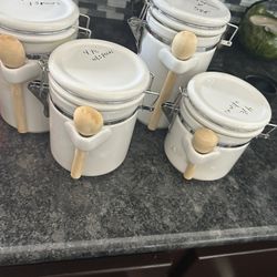 4 Beautiful  White Pottery Canisters  