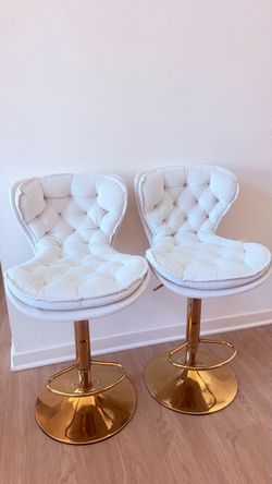 Set of 2 White Tufted Adjustable Bar Stools with Gold Base