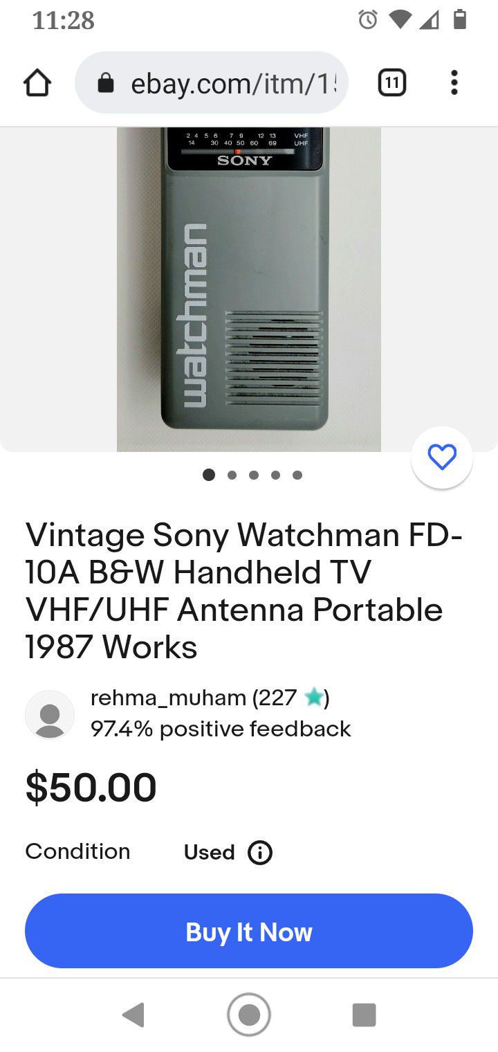 Vintage Sony Watchman FD-10A Black And White Handheld TV VHF/UHF,Antenna Portable 1987 Model