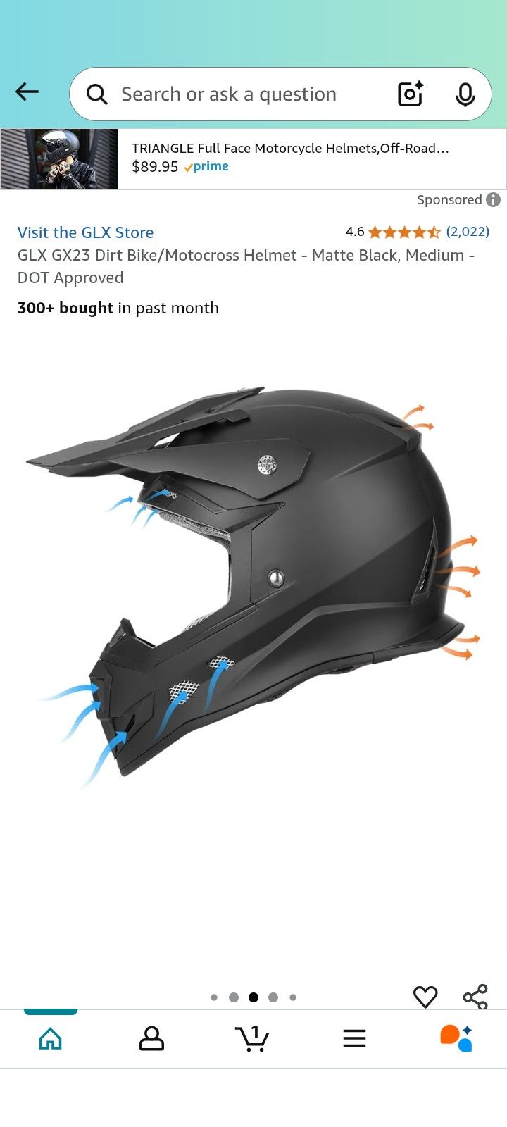 2907 GLX GX23 Dirt Bike/Motocross Helmet Matte Black, Medium DOT - Main Image