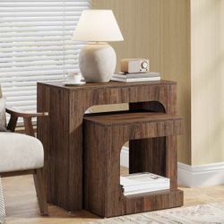 JW1073 Nesting End Table Set, Walnut Side Table for Living Room, Night Stand Set for Bedroom, Small Spaces, Brown