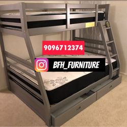 Twin/Full Gray Bunk bed w. Drawers & Ortho Mattresses Included 