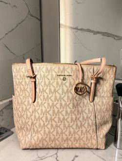 Michael Kors Monogram Zip Top Tote Beige Pink Double Handles Gold Charm