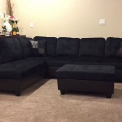 Black Microfiber Sectional Couch And Ottoman