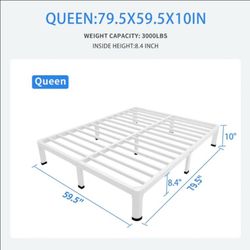 10 Inch Queen Bed Frame White with Round Corner Legs Metal Platform Bed Frame, 3000 LBS Heavy Duty Steel Slats Support, Noise Free, No Box Spring Need