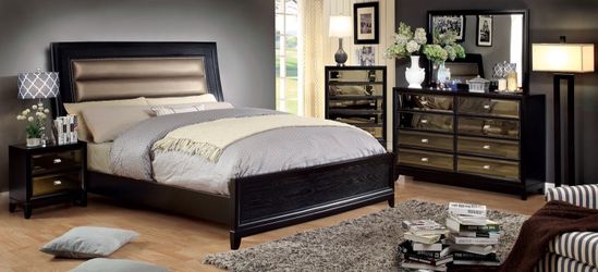 Black & Gold Contemporary (4) Piece Bedroom Set with Padded a Headboard -QUEEN OR KING (NO CREDIT CHECK FINANCING AVAILABLE)