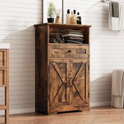 VIVOFORMA Farmhouse Storage Cabinet – Rustic Brown Barn Door Style Organizer