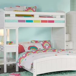 Kids Cottage Colors White Twin/Full Step Bunk Bed With Desk