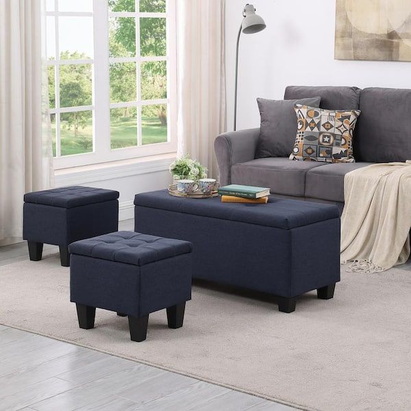 3-Pcs Dark Blue Fabric Large Storage Ottoman Bench Set, Line Bedroom End of Bed Storage Bench with 2-Ottoman Footrest