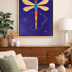 Cuadro de arte contemporáneo Libélula en canvas con marco dorado