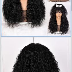 🔥Brand new🔥 Black Curly Wig With Bangs for Black Women Long Curly Human Hair Black Glueless Wig for Daily,Realistic Look with True Scalp