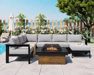 AS IS Assembled Outdoor Aluminum Patio Sectional Sofa Set & Wood Burning 36-Inch Steel FirePit