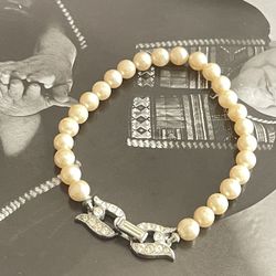 Vintage Crown Trifari Dainty 6MM Faux Pearl Bracelet Rhinestone Clasp Signed