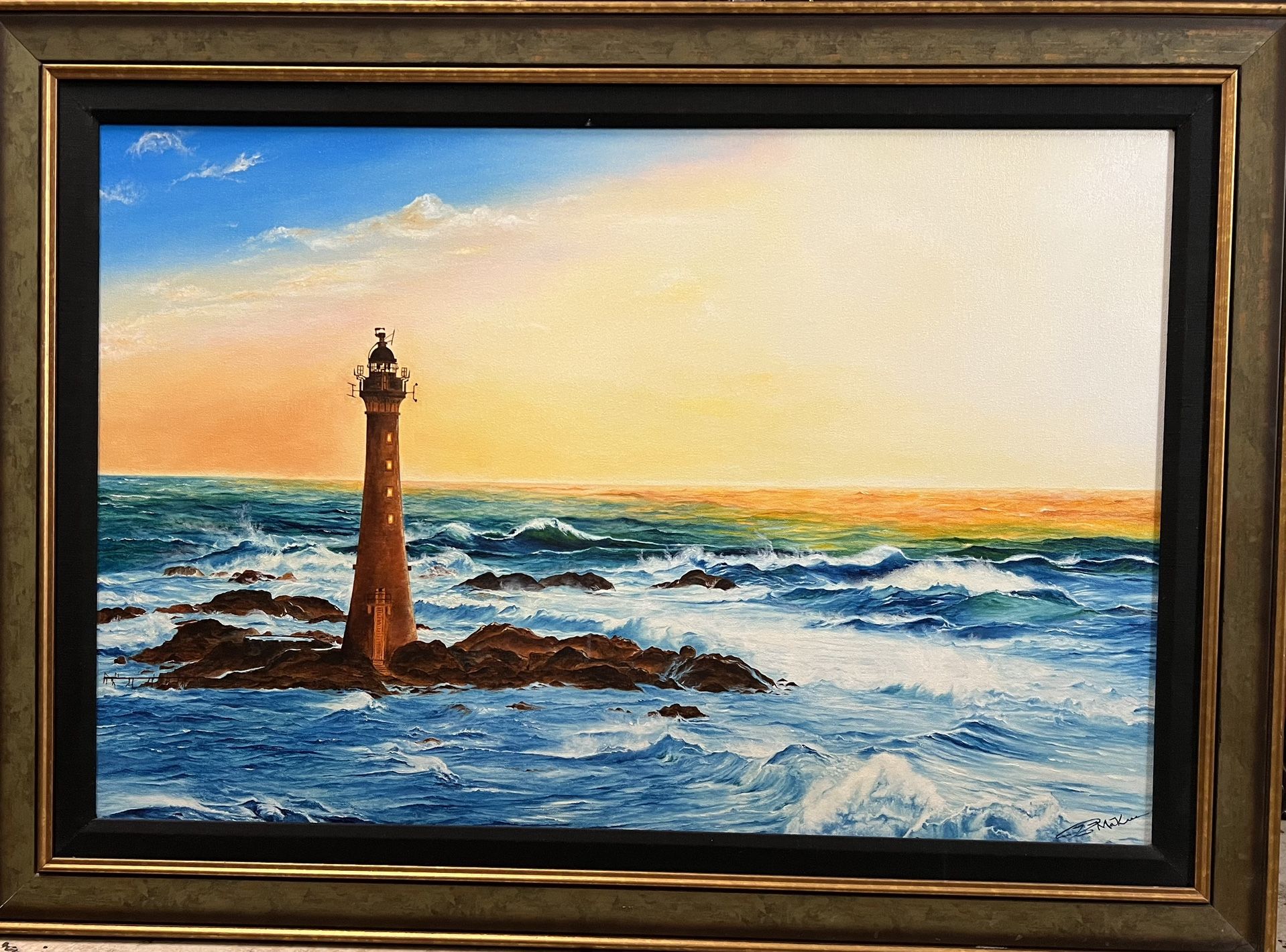 Original Oil Painting On Canvas Seascape With Lighthouse Signed.