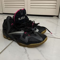 Size 9, Nike Lebron XI Miami Nights, Black, Metallic, Silver, Pink Foil Shoes