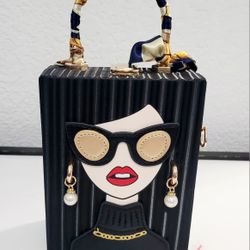 Black lady women novelty face box clutch crossbody bag purse handbag gift
