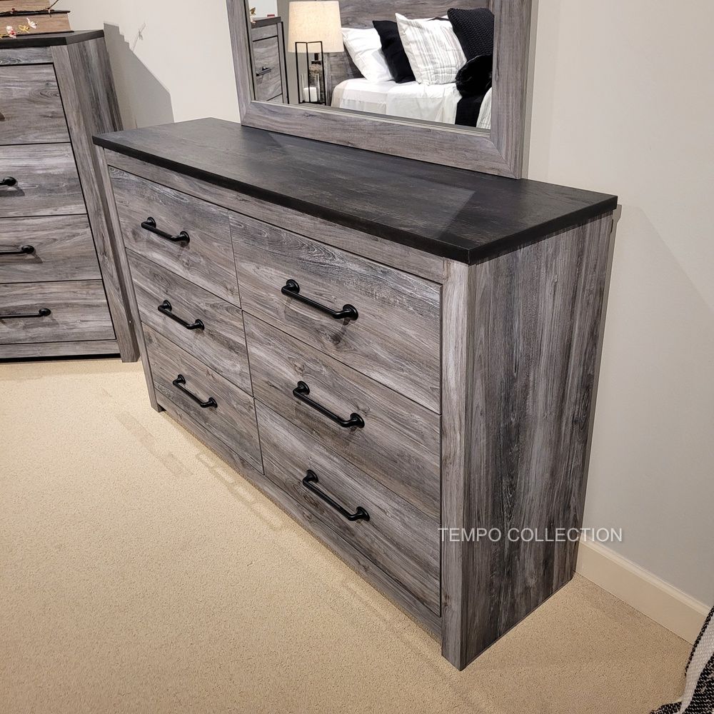 dark grey dresser set Everly Living Durham 6-Drawer Dresser and Mirror Set in Gray