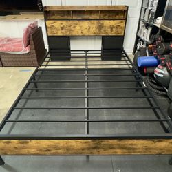 Queen Size Platform Bed Frame with Bookcase Headboard & Storage Drawers, Metal Bed frame with LED Li