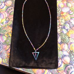 Beautiful 24” Iridescent glass bead triangle pendant necklace